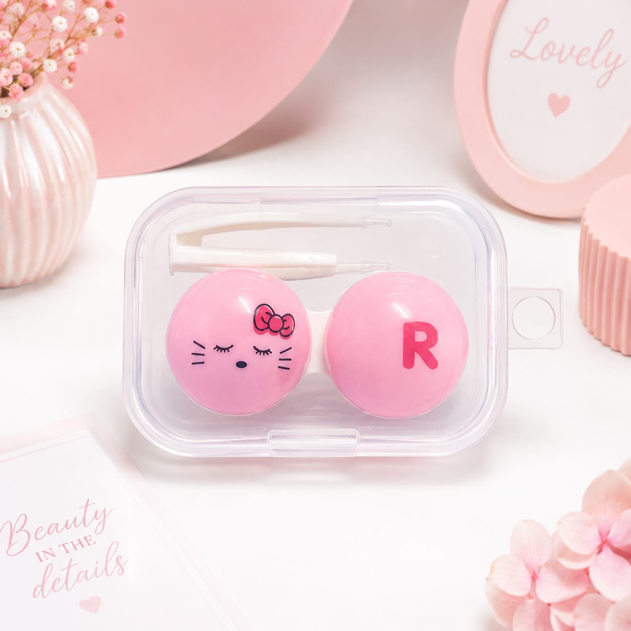 Estuche para Lentes de Contacto Kit con Pinza y Aplicador Diseño Gatita Rosa